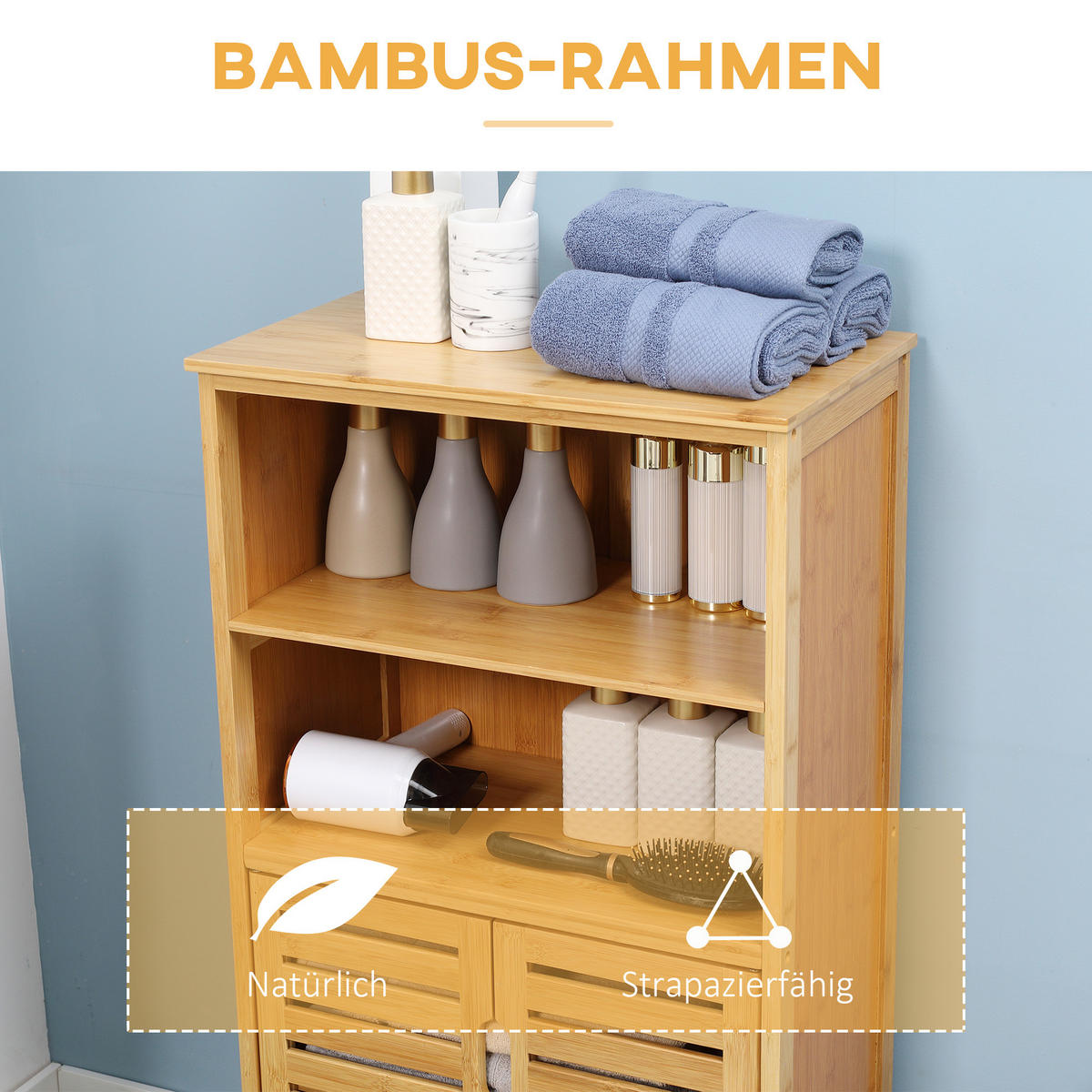 BADRUMSSKÅP Bambu underskåp med jalusidörrar & tippskydd - Naturfärgad, Naturmaterial (50/92/29cm) - Urban Meuble