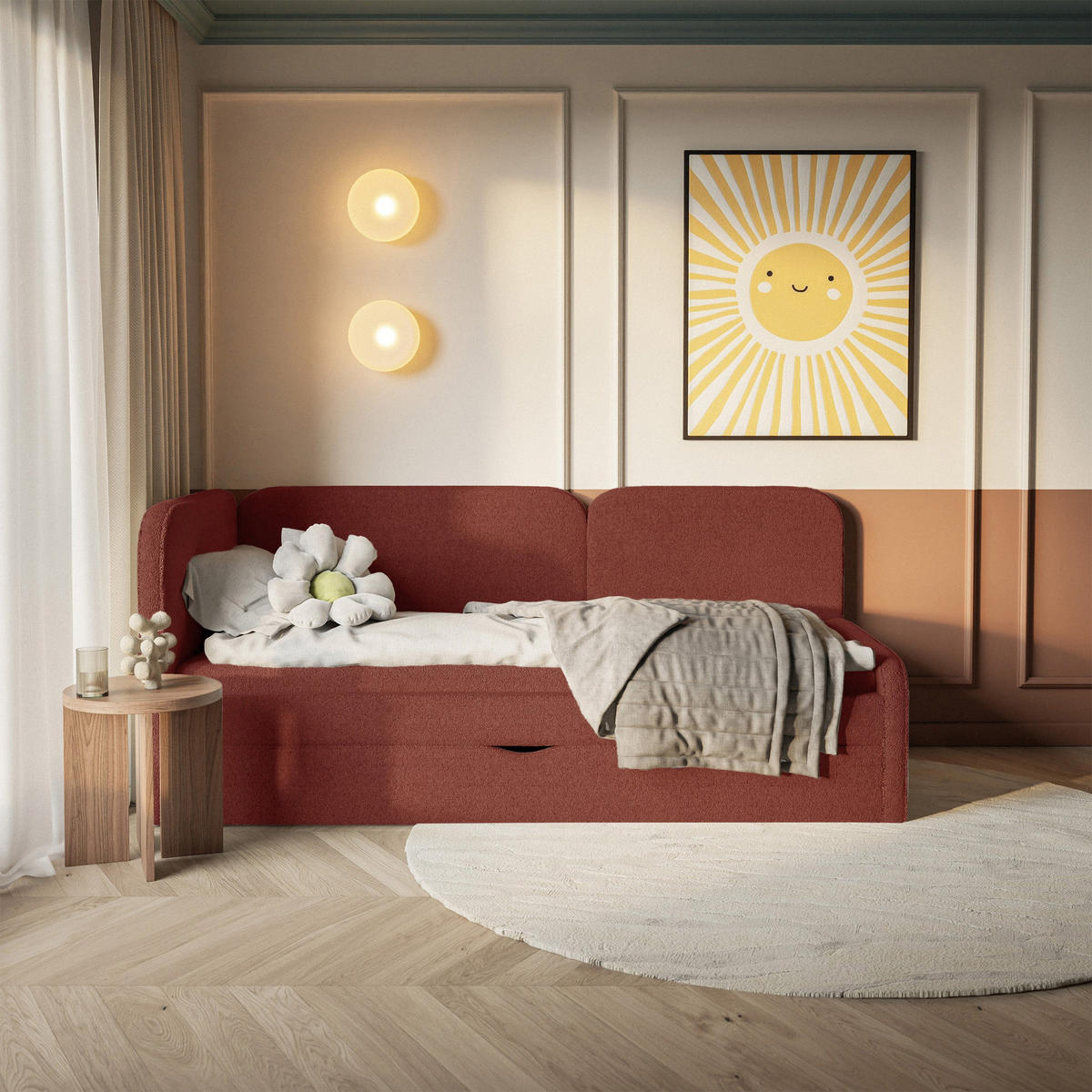 ČALOUNĚNÁ postel Cuddy, čelo vlevo, plyšová látka cihlová, 90x200 cm - černá/pomerančová, textil/plast (90/200cm) - Selsey