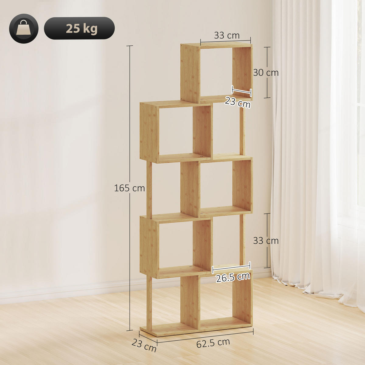 BÜCHERREGAL,ASYMMETRISCH 5-stöckig Bambus 62,5x23x165cm,naturholzfarbe - Beige, Metall (62.5/165/23cm) - Vallsero