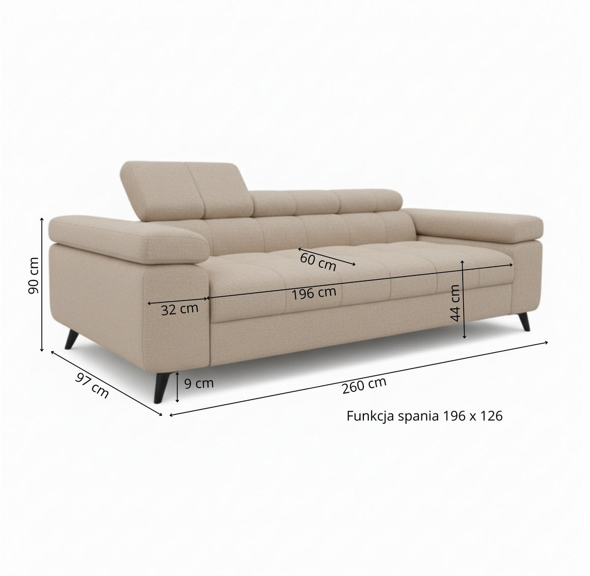 SCHLAFSOFA FJORD, 2-sitzer, verstellbarer Kopfstütze, braun - Braun, Textil (260/90/97cm) - KS Home Concept