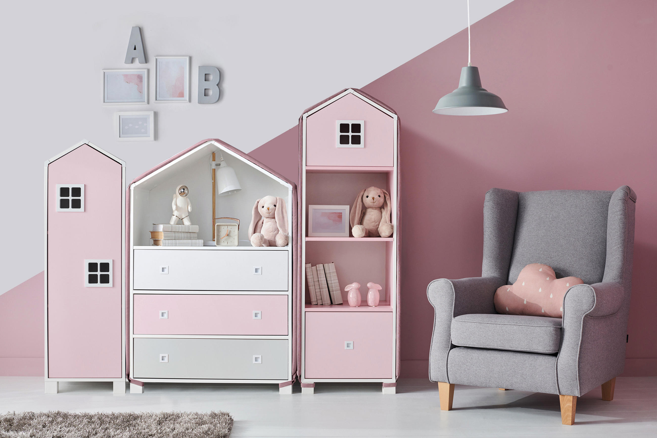 BEZUG-FÜR-KINDERMÖBEL-SET MIRUM 3 Stück, Rosé/Grau - Pink/Grau, Textil (173/3/80cm) - KONSIMO®