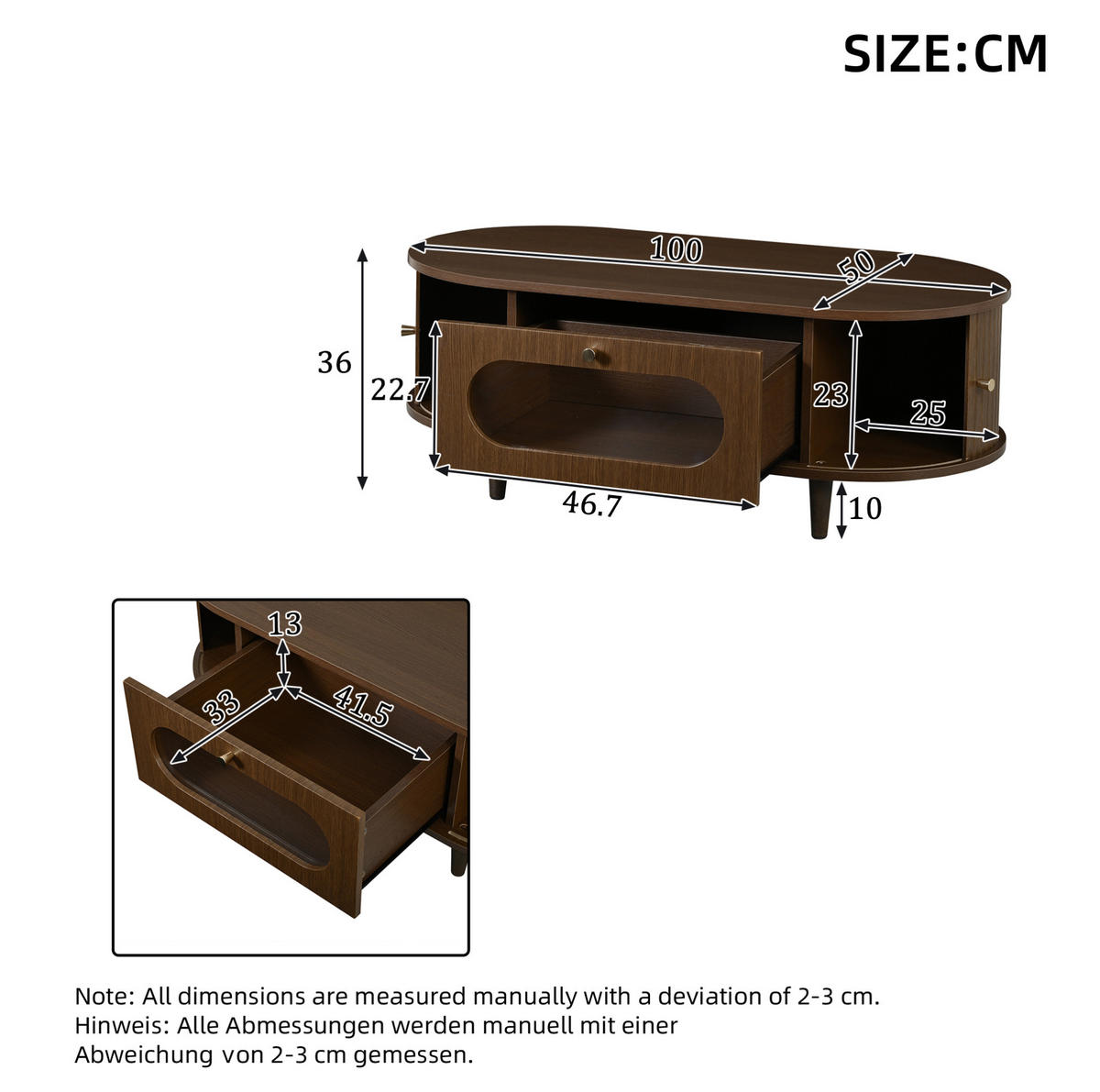 COUCHTISCH 100/50/36 cm in Walnuss aus MDF mit Schublade und Rollladen - Nussbaumfarben, Holzwerkstoff (100/50/36cm) - OKMYHOME