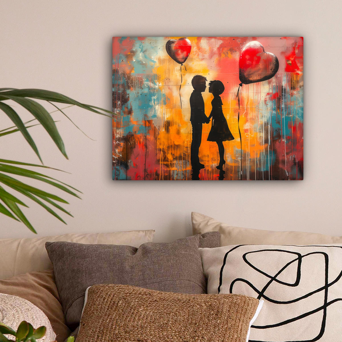 LEINWANDBILD Straßenkunst - Liebe - Graffiti - Kunst - Banksy Wandbild 40x30 cm - Orange, Textil (40/30cm) - MuchoWow