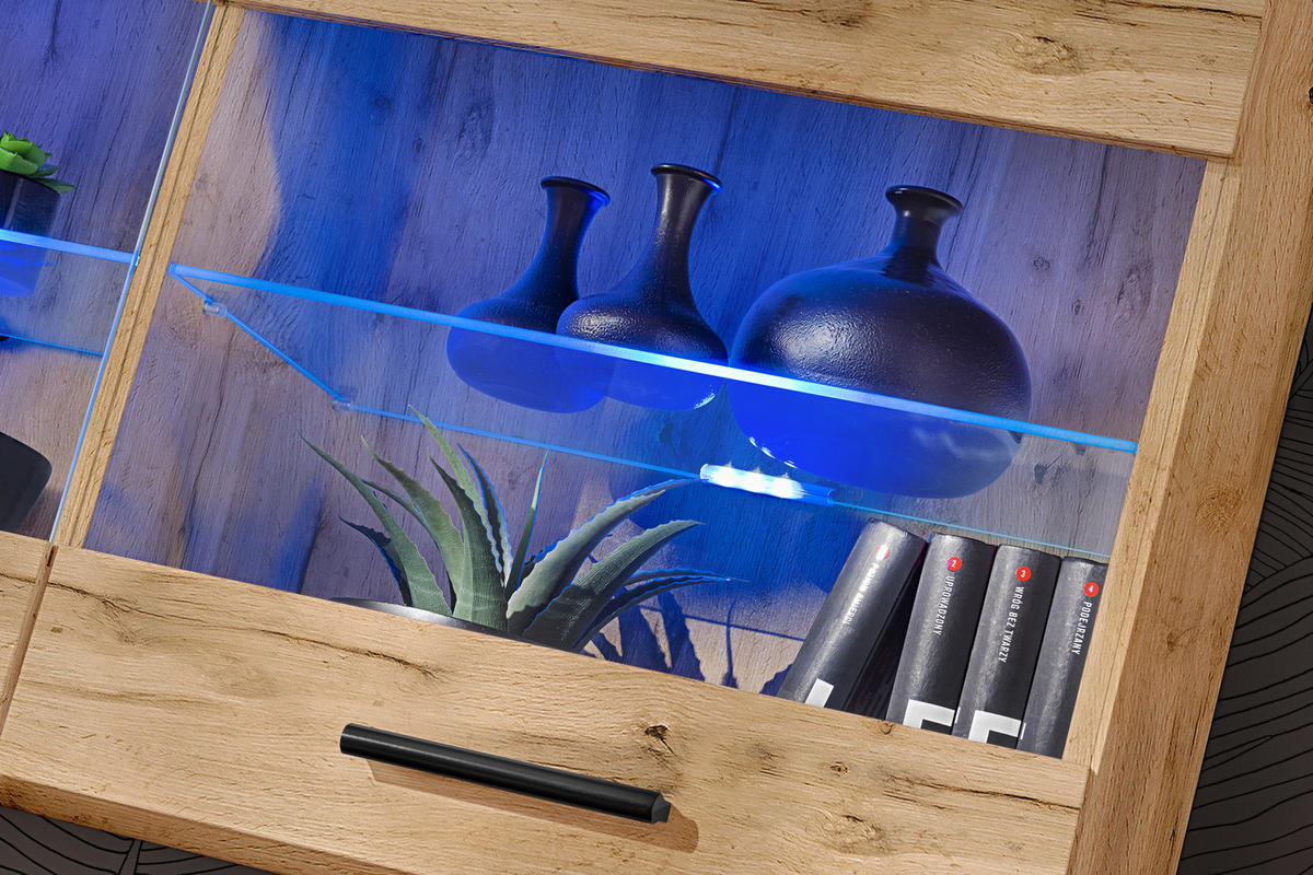 HÄNGEVITRINE SAVONA, Wotan, LED Blau - Eiche Wotan/Schwarz, Glas/Holzwerkstoff (100/50/27.2cm) - Komodee
