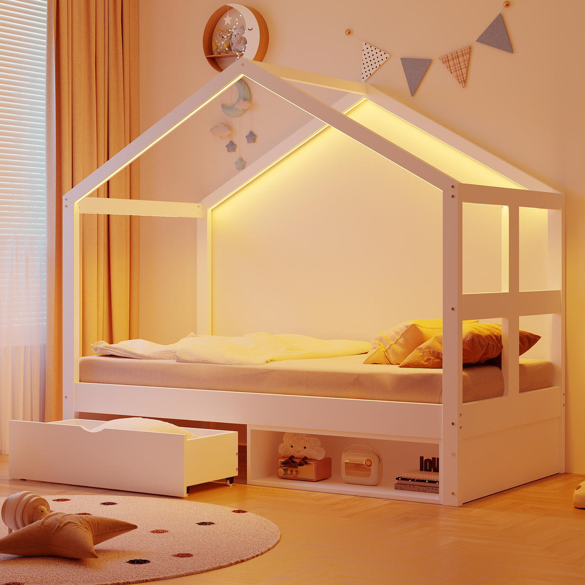 MULTIFUNKTIONSBETT Hausbett 90/190 cm, Weiß mit Schubladen, Schuhschrank und LED - Weiß, Holz (90/190cm) - MIVRAY