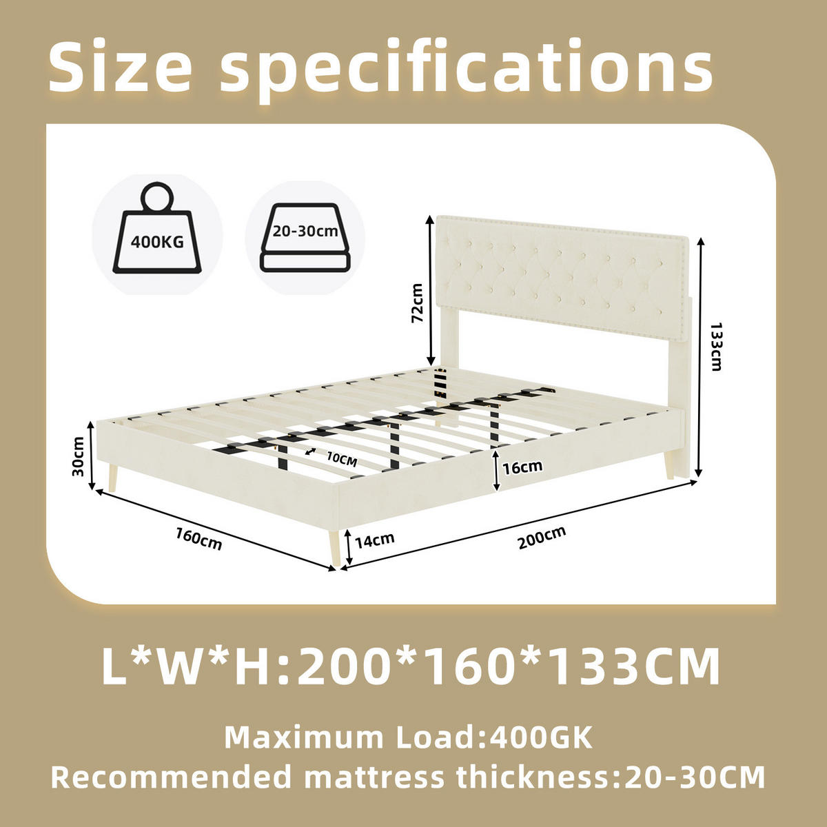 POLSTERBETT aus Stoff und Metall 160x200 cm Beige mit hoher Samtkopfteil und Stauraum - Beige, Textil (160/200cm) - IVMEU