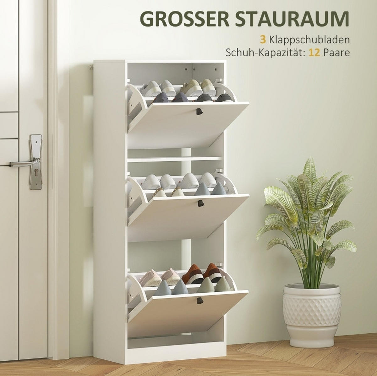 SCHUHSCHRANK 47/120/26 cm Weiß aus Holz mit 3 Klappen - Weiß, Holz (47/120/26cm) - OKMYHOME