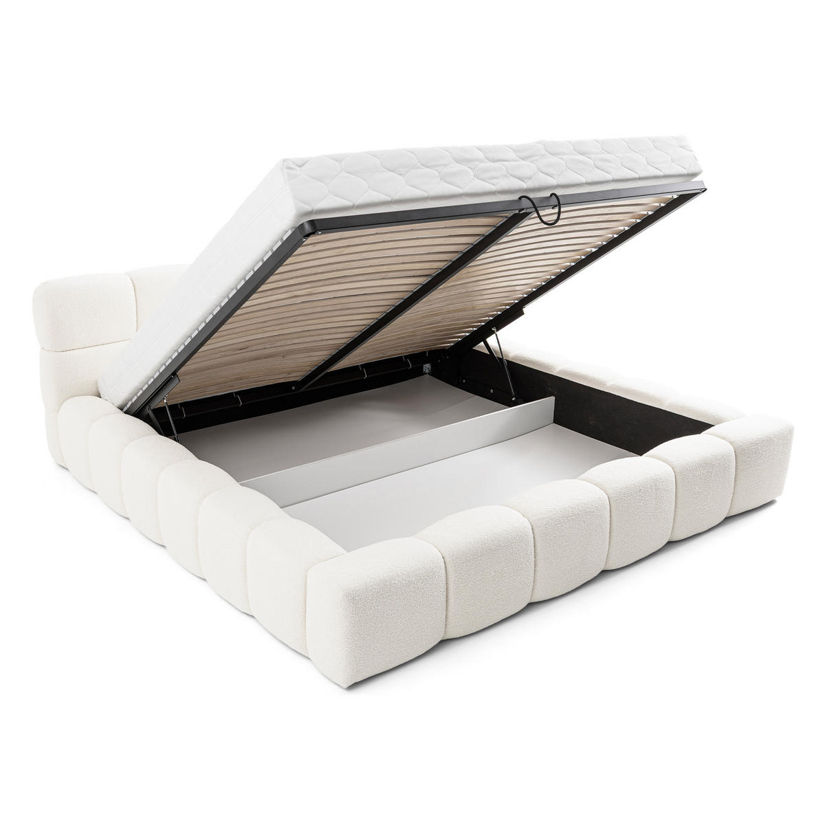 POLSTERBETT AMITY 200x200 cm in Creme, gepolstertes Kopfteil, Lattenrost, Bettkasten, Bouclé-Stoff - Creme/Naturfarben, Holz/Textil (200/200cm) - Muffo