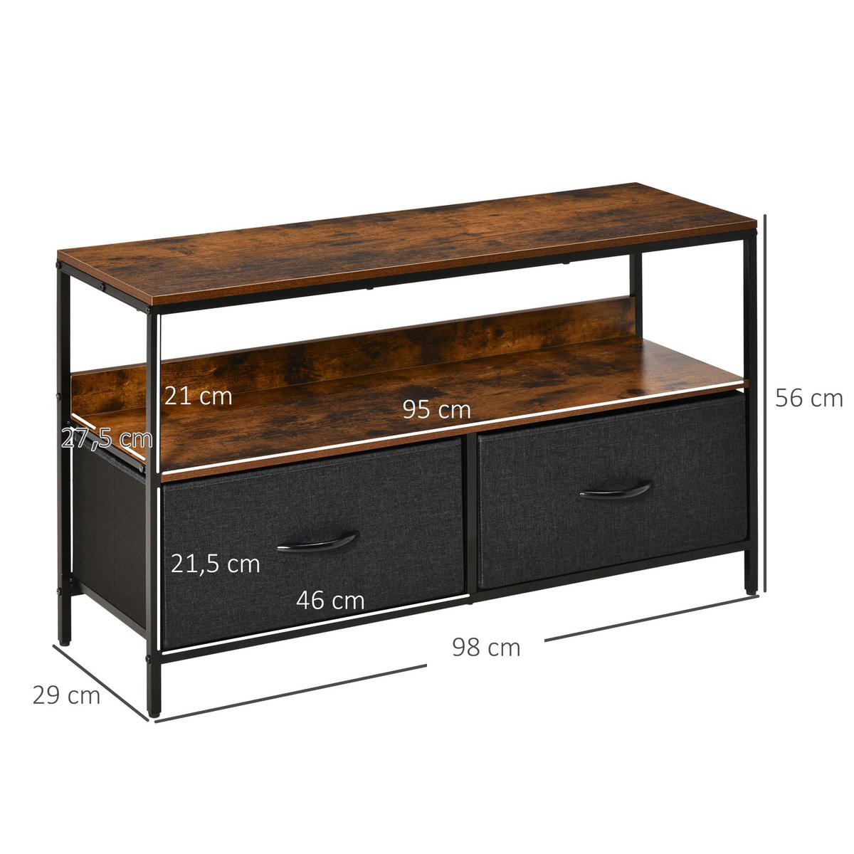 LOWBOARD DE-16080 Industrieller Stil mit 2 Stoff-Schubladen Braun - Braun, Holzwerkstoff (98/56/29cm) - ComfortXL