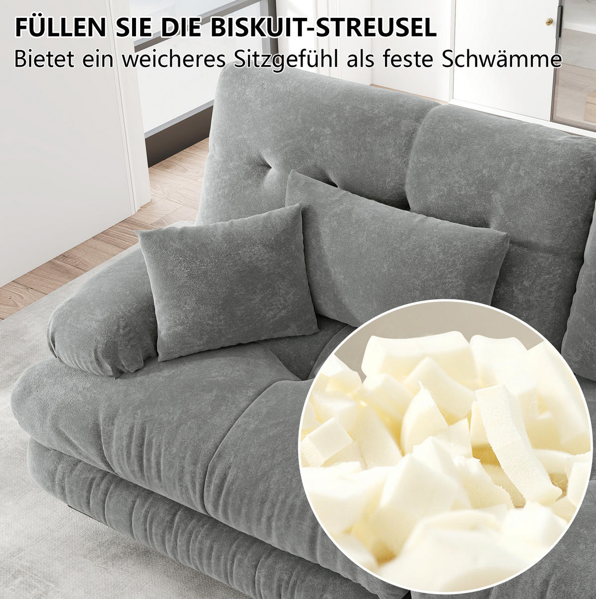 ECKSOFA modular mit beweglichen Ottomane, breiten Armlehnen und Kissen, Grau - Grau, Textil (220/145cm) - Redom