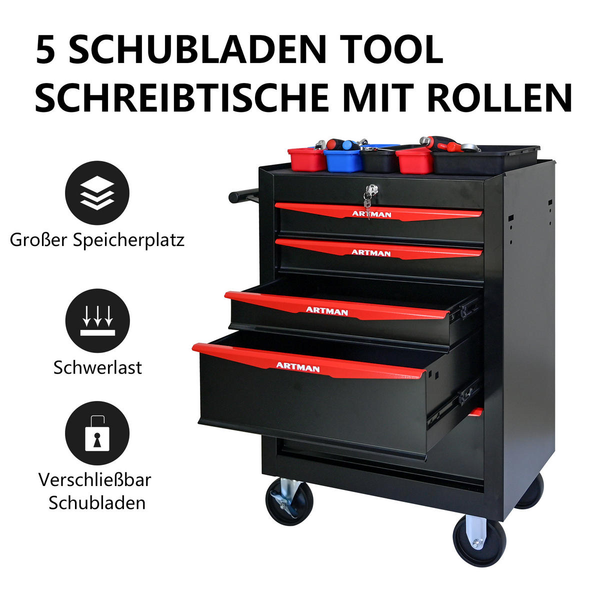 KOMBINATIONS-WERKZEUGSCHRANK – 5 Schubladen – 508 mm (20 Zoll) – Farbgebung: Schwarz und Rot - Multicolor, Metall (33/77.5/60cm) - DCA