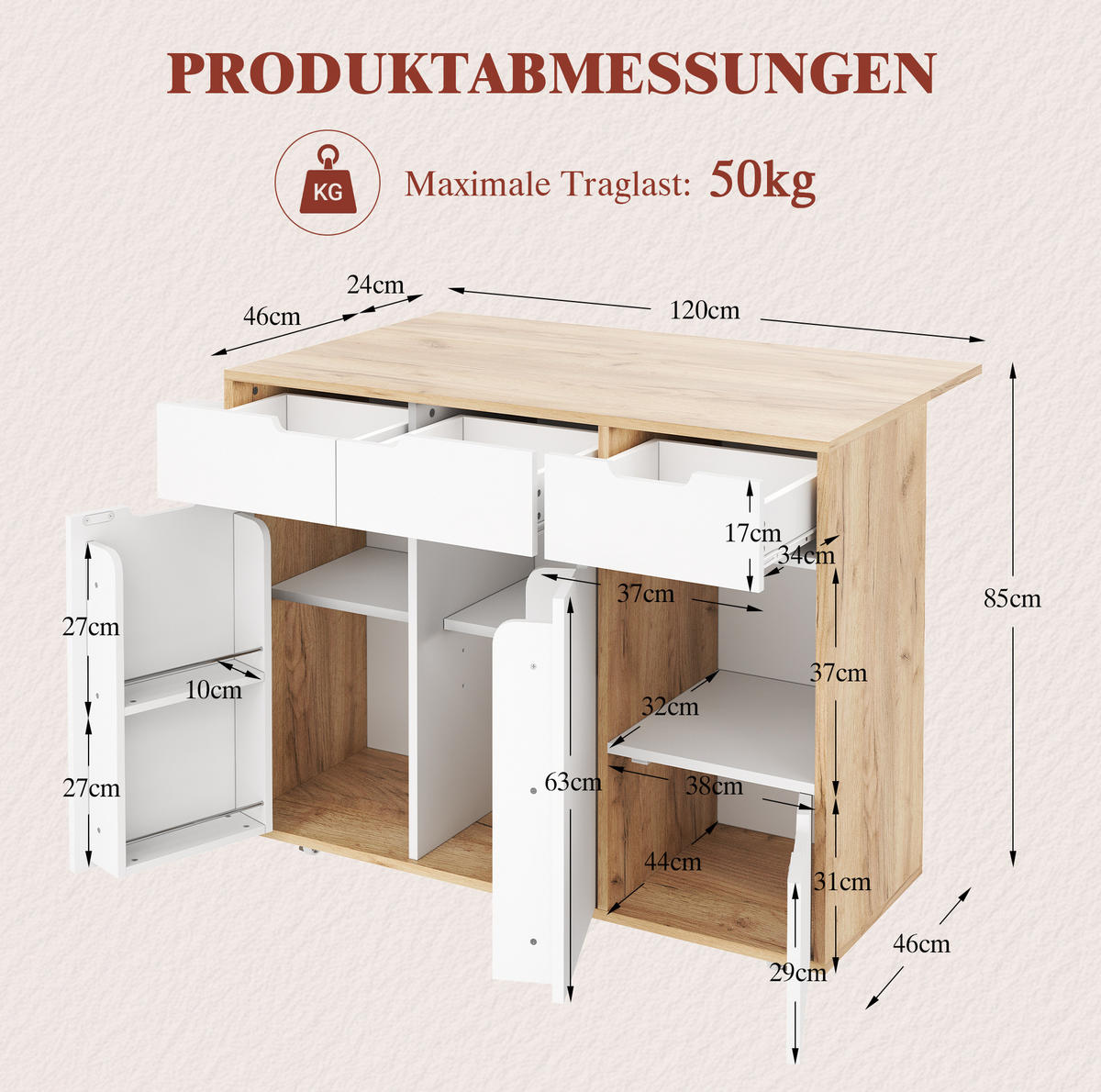 KÜCHENINSEL 120/46/85 cm mit 360°-Rollen und vielseitigem Stauraum aus Holzwerkstoff, Weiß/Naturholz - Weiß, Holzwerkstoff (120/85/46cm) - Redom