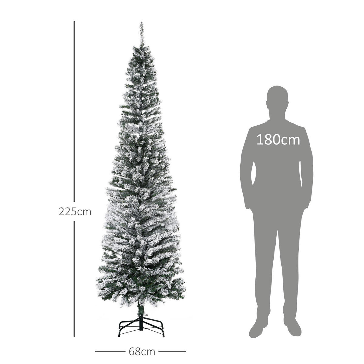 KÜNSTLICHER-WEIHNACHTSBAUM, 225 cm Bleistift Kiefernbaum mit Schnee 738 Spitzen - Grün, Kunststoff (225cm) - HOMCOM