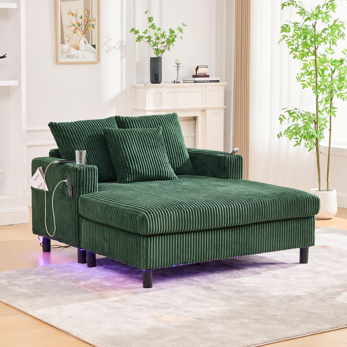 CHAISELONGUE 2-Sitzer Cord Smaragd mit LED, USB und Getränkehaltern - Jadegrün, Holzwerkstoff/Kunststoff (128/85/142cm) - WISHDOR