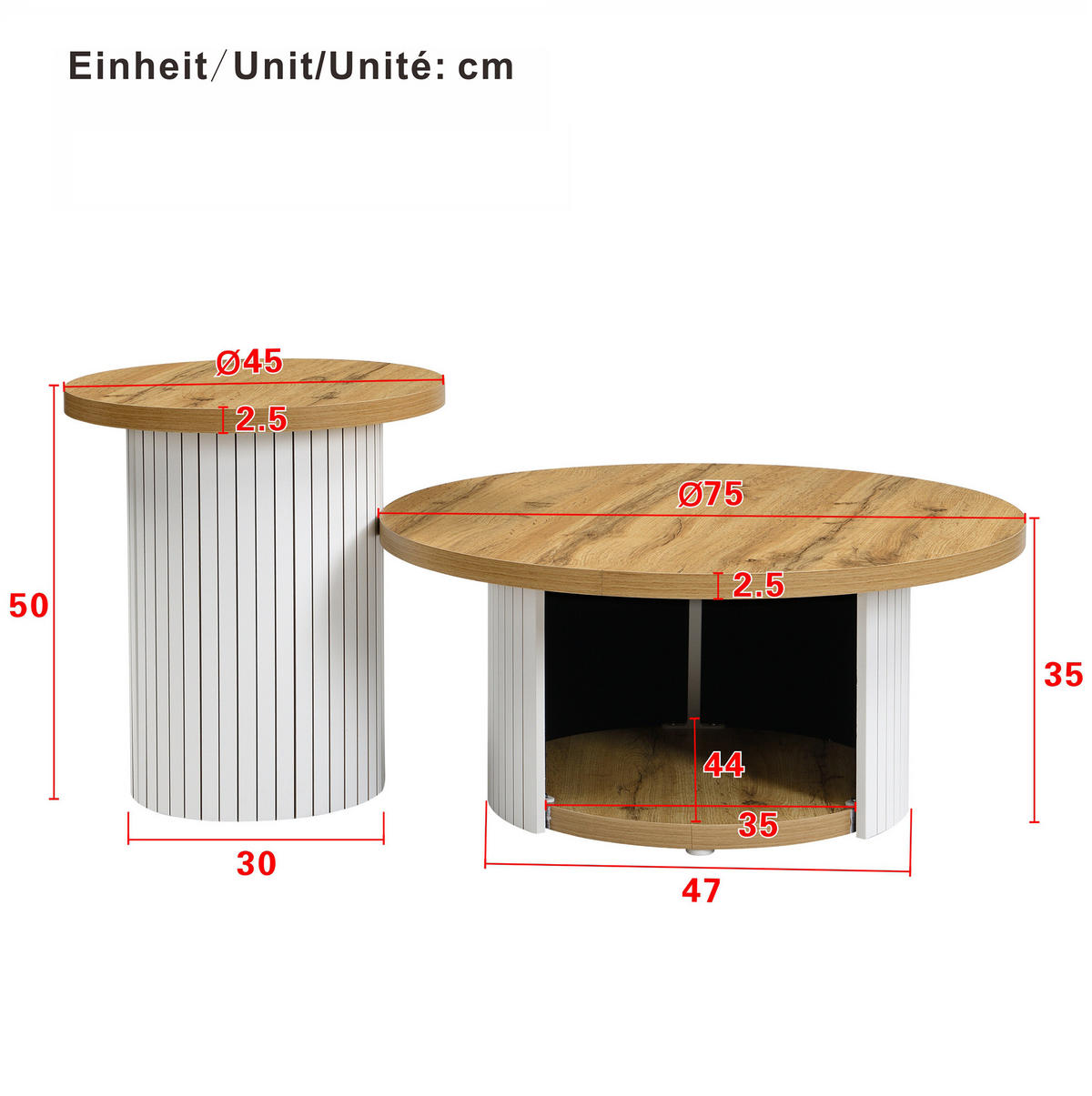 COUCHTISCH-SET 75/75/50 cm und 45/45/35 cm mit Stauraum, flexiblem Beistelltisch und MDF, Natur - Naturfarben, Holzwerkstoff (75/75/35cm) - Modfu
