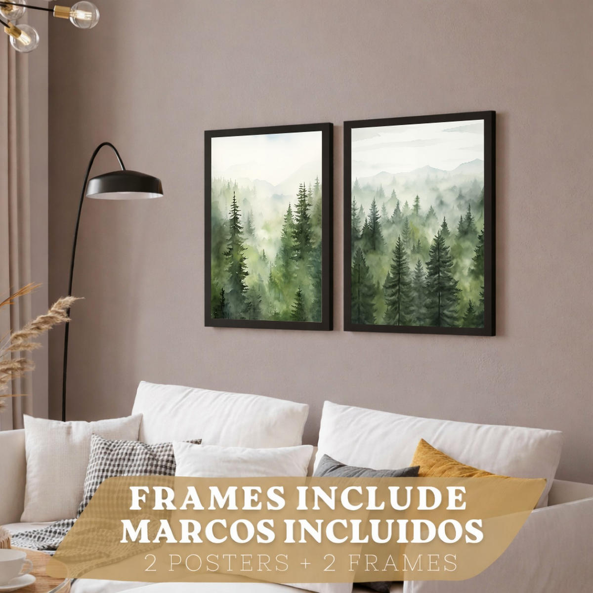 PLAKAT Sada 2 dekorativních tisků Nordic Forest Landscape obývák Obrázky - Zelené dekorativní plakáty Dekorace ložnice Obývací pokoj A4 černý rám - černá, papír (29.7/42/3cm)