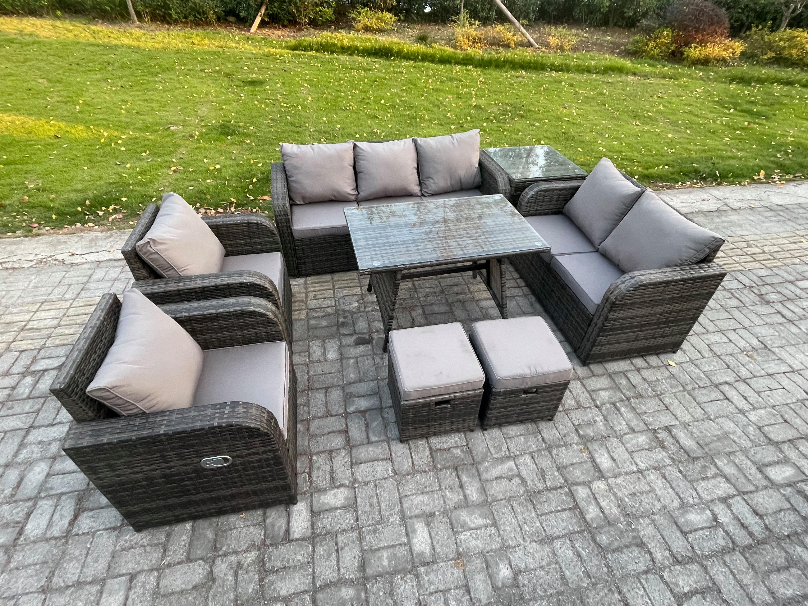 GARTENMÖBEL SET Polyrattan Dunkelgrau 9-Sitzer - Dunkelgrau/Grau, Glas/Kunststoff - Fimous