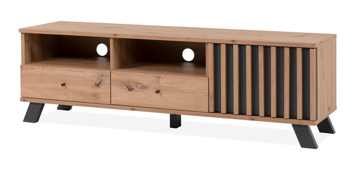 TV-LOWBOARD Eiche Artisan, grau 138 cm, Fernsehtisch mit 3D Lamellen - Anthrazit/Schwarz, Holzwerkstoff/Metall (138/44/40cm) - Furn.Design