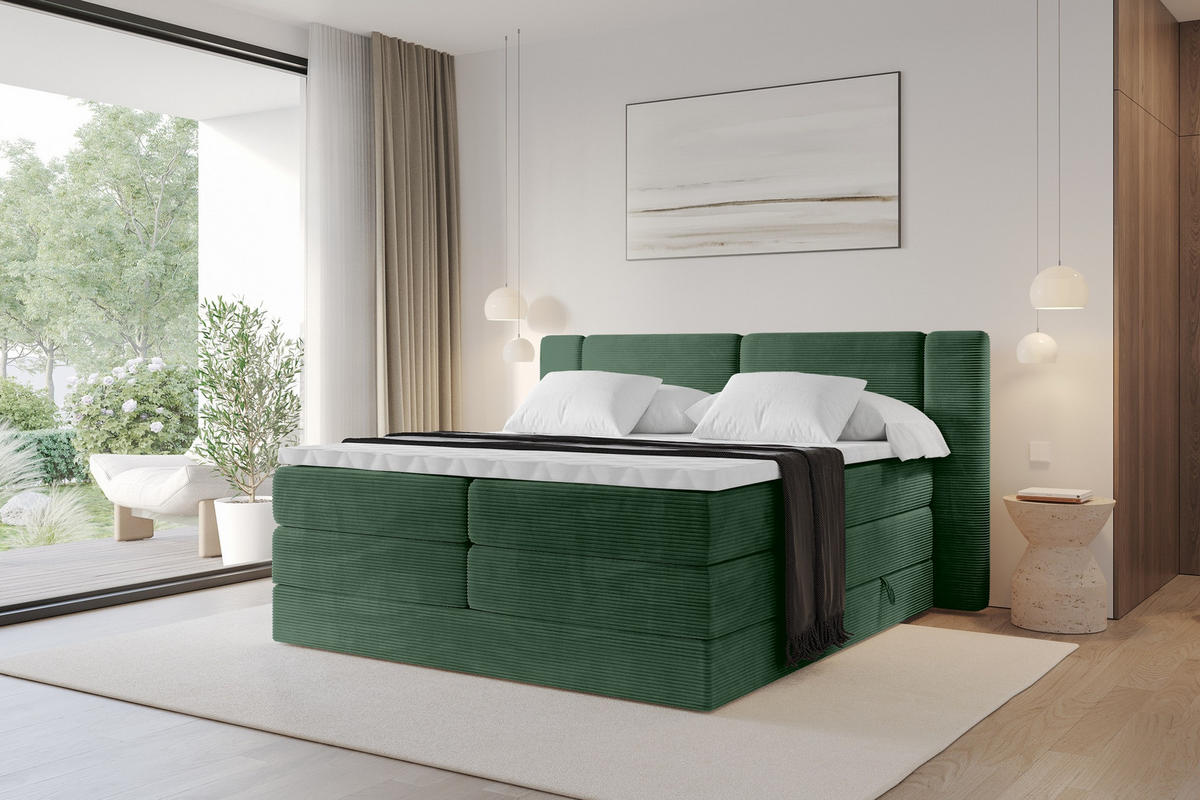 BOXSPRINGBETT mit Matratze H3/H4 - EVON KING - 140x200 cm Grün - Grün, Holzwerkstoff (140/200cm) - ALTDECOR