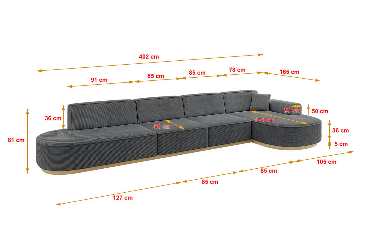 ECKSOFA Ottomane Rechts MARI-L3-v2 - 413x171x83 cm Dunkelgrau Cord - Dunkelgrau, Holzwerkstoff/Textil (171/413cm) - ALTDECOR
