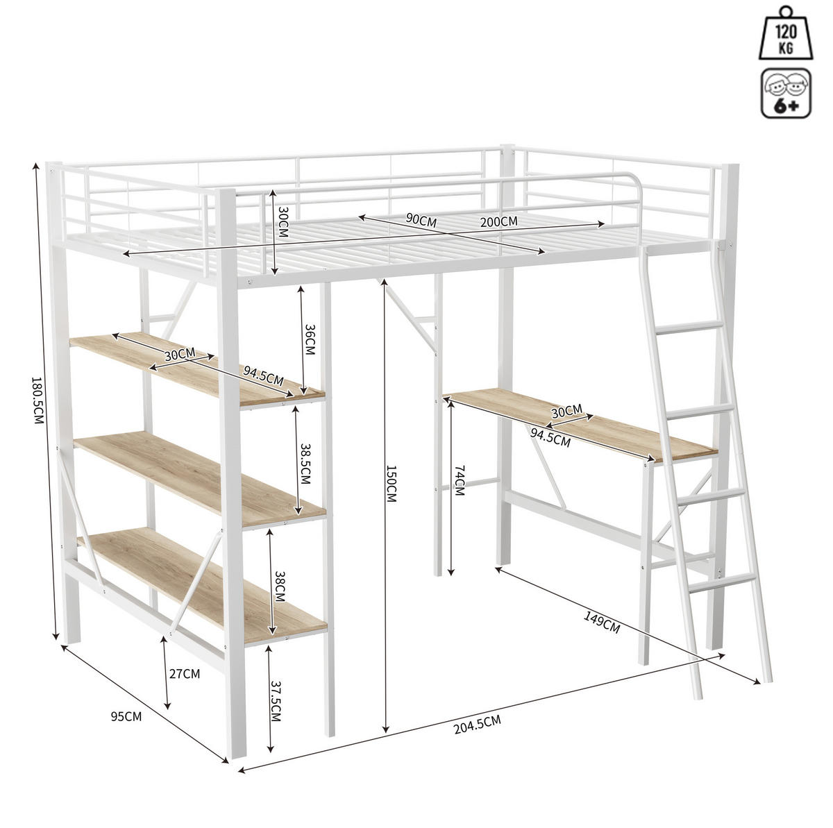 HOCHBETT 90/200 cm Weiß Metallbett mit Schreibtisch und Ablagen - Weiß, Holzwerkstoff (90/200cm) - OKWISH