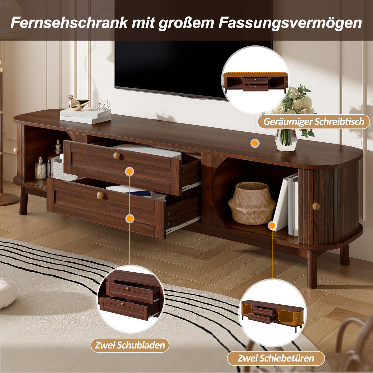 TV-SCHRANK Holzoptik Schubladen Stauraum modern - Walnussfarben, Holzwerkstoff (39.5/46/170cm) - FLIEKS