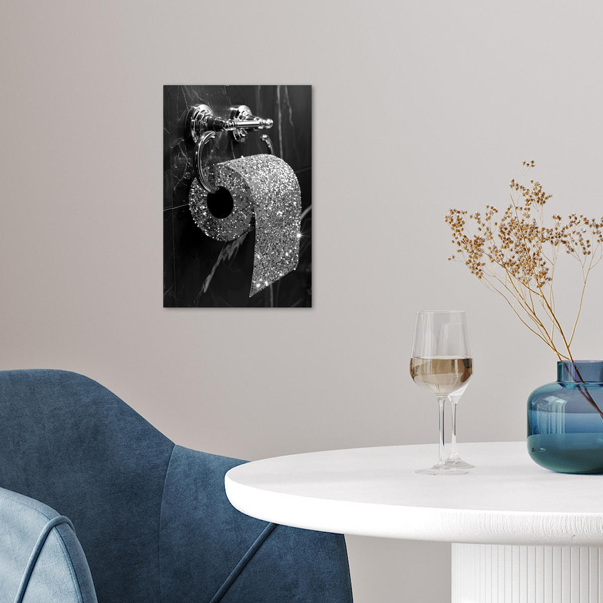 POSTER WC - Toilettenpapier - Schwarz und weiß - Glitter 20x30 cm - Silberfarben, Papier (20/30/0.1cm) - MuchoWow