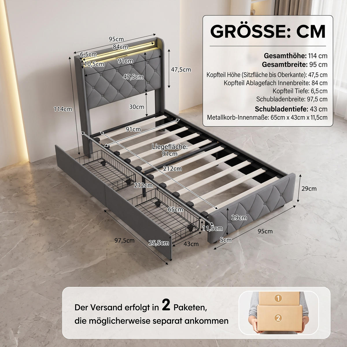 POLSTERBETT, LED-Beleuchtung Einzelbett 90x200cm mit Ladefunktion und 2 Schubladen, Samt, grau - Grau, Holz/Holzwerkstoff (90/200cm) - GENKI LIVING