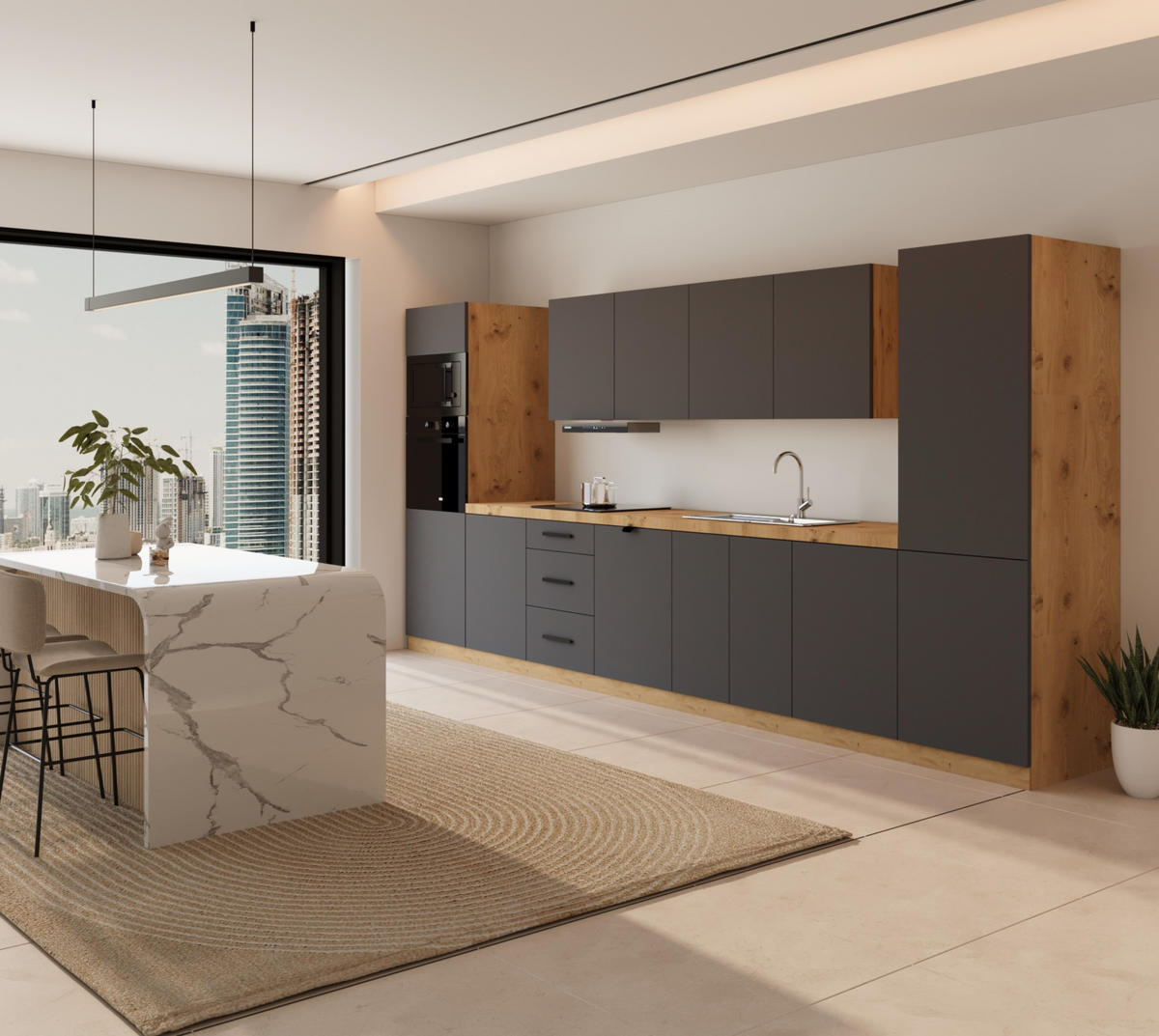KÜCHENZEILE 440 cm - Langen KL7-M440 in Grau/Matt - Grau, Holz/Metall (440/212/58cm)