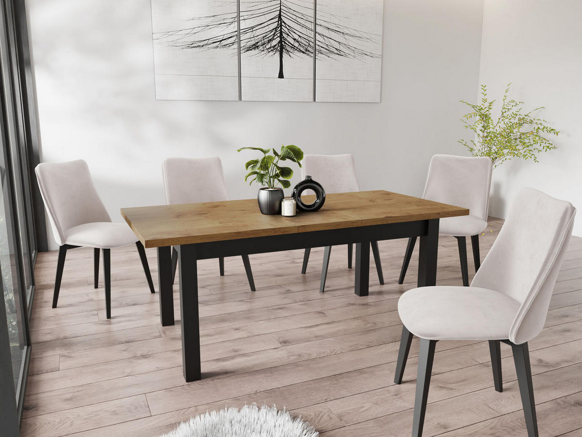 ESSTISCH Davidof rechteckig ausziehbar, Lancelot Eiche 120-160/80/76 cm - Eichefarben/Schwarz, Holz/Holzwerkstoff (120/67/76cm) - WFL GROUP