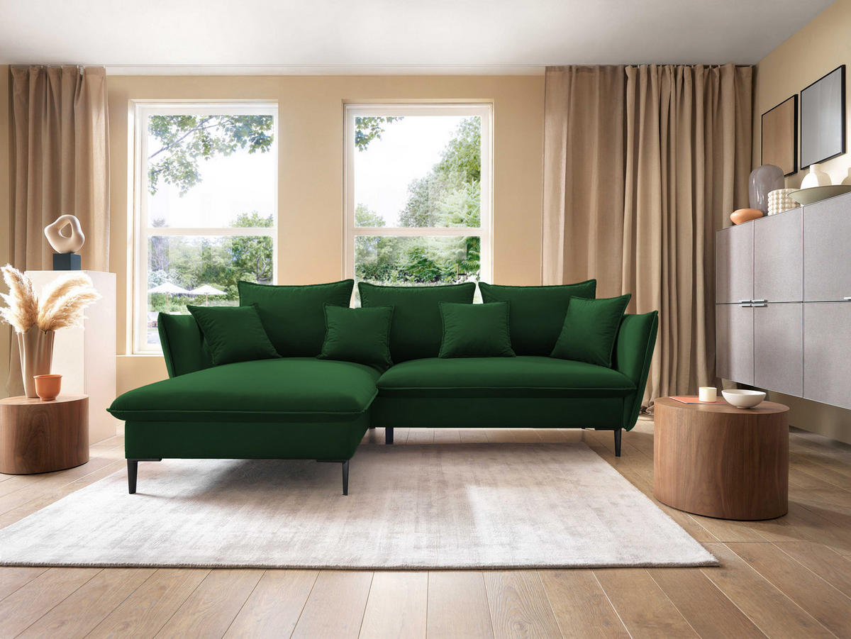 ECKSOFA GLOSS mit Schlaffunktion, Ottomane & goldenen Füßen – Samtsofa im GLOSSour-Stil mit Zierkissen, 258x167x91cm, Linke, BURGUND - Platinfarben, Holz/Textil (167/258cm) - DomoHome