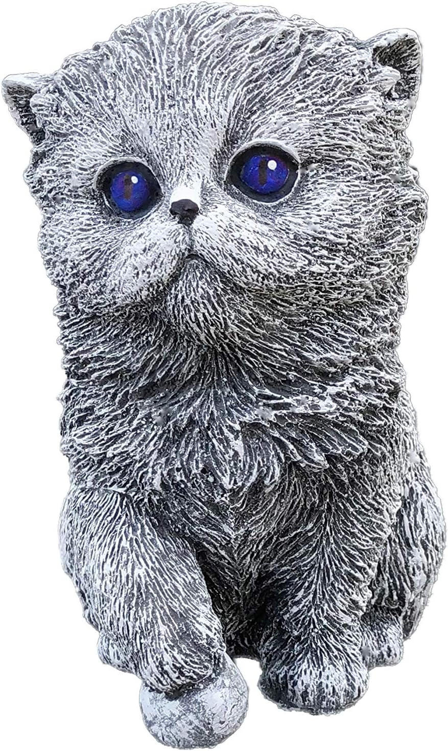 STEINFIGUR Perser Langhaar Katze Kitten mit Spielzeug, Steinguss, Frostfest - Grau, Stein (11/16/11cm) - stoneandstyle