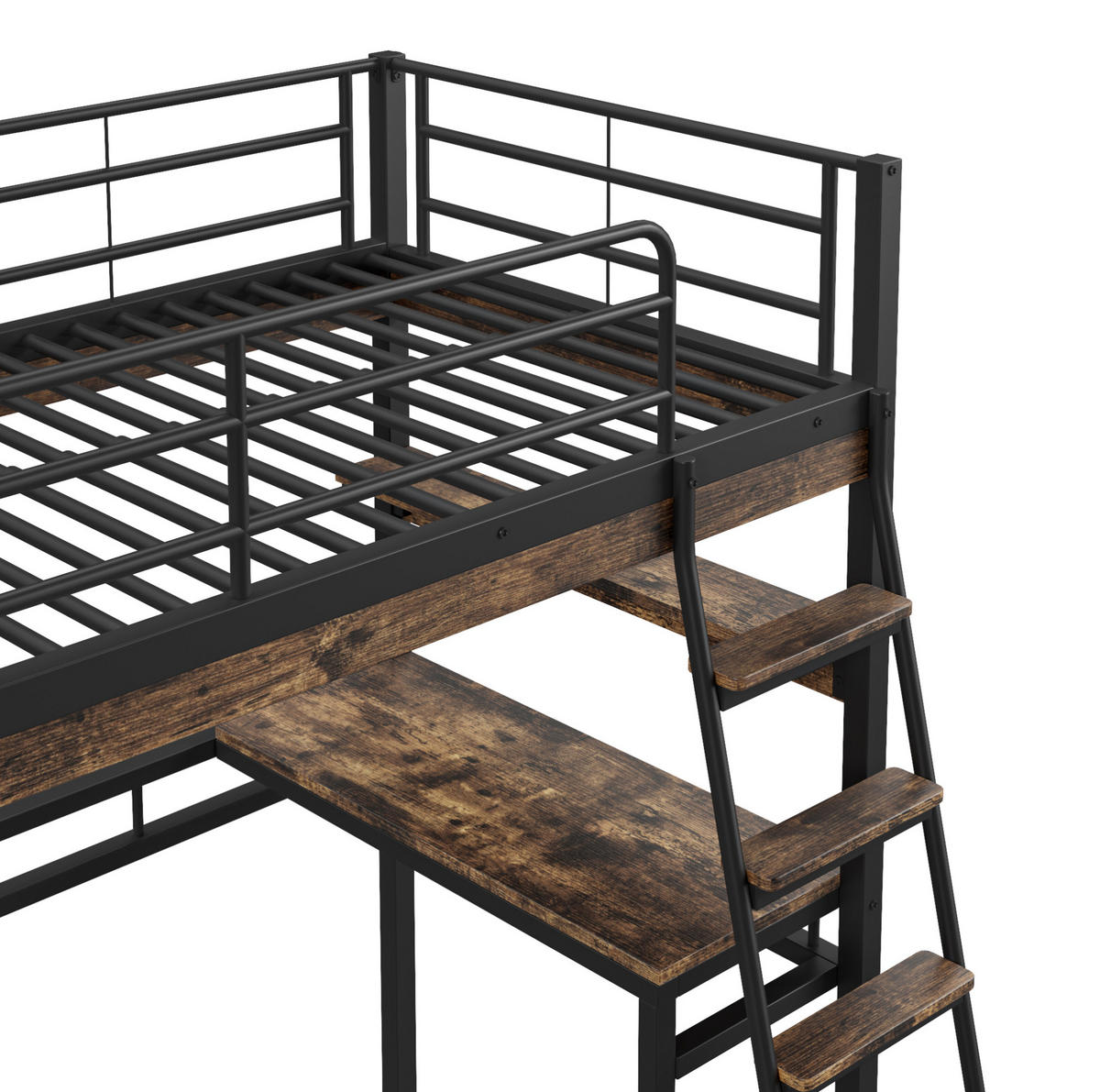 HOCHBETT aus Metall und MDF 90x200 cm Schwarz mit Schreibtisch, Regalen und Leiter - Schwarz, Metall (90/200cm) - IVMEU
