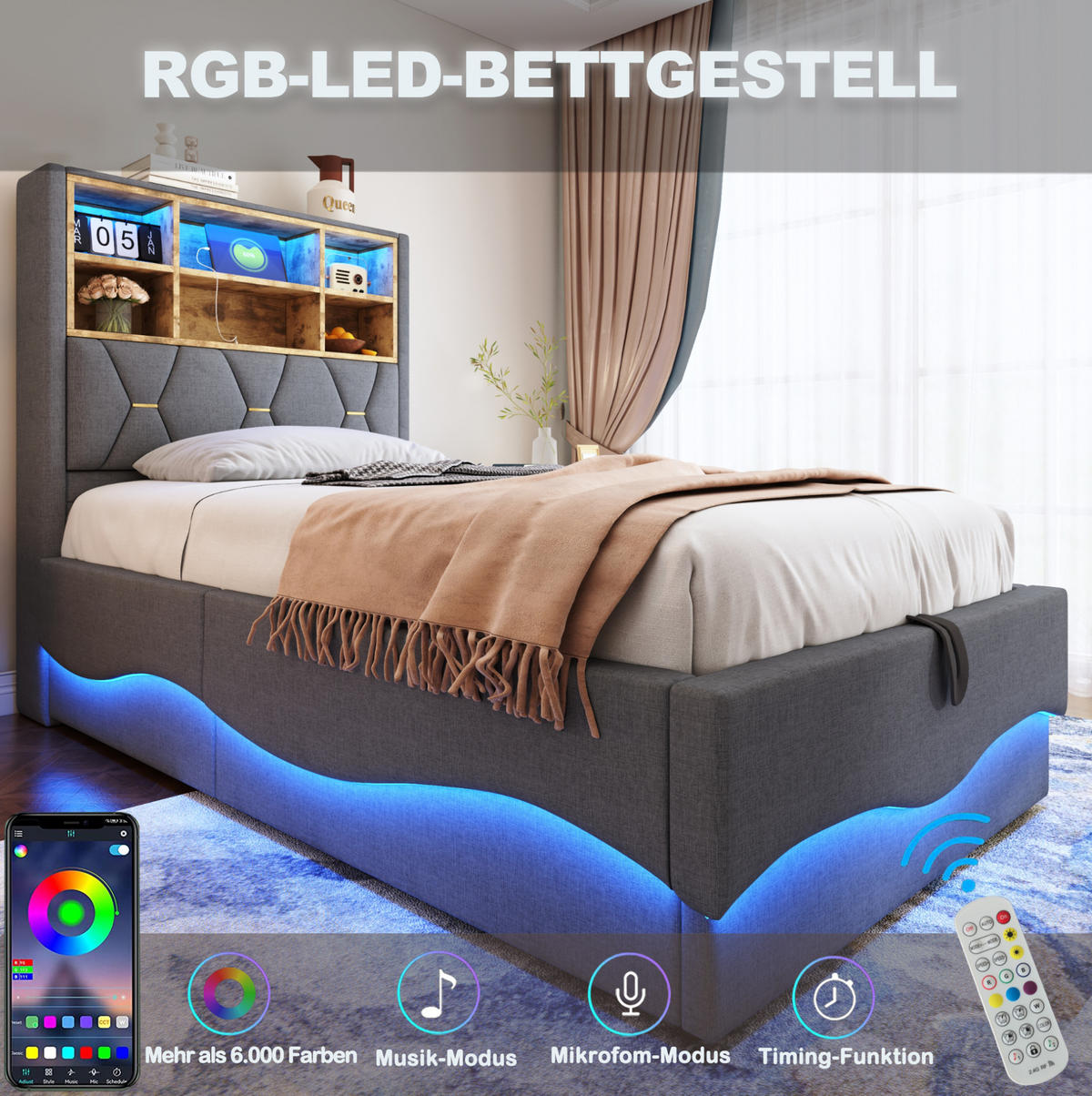 KINDERBETT 90/200 cm in Grau mit Stauraum, LED-Beleuchtung und USB-Anschluss - Grau, Metall (90/200cm) - Flora Grace