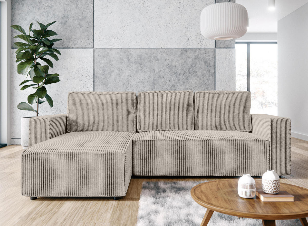 ECKSOFA L Form Aydin Beige 258/169/85 cm Cord Universal mit Schlaffunktion - Beige/Schwarz, Kunststoff/Textil (258/169cm) - AX Living