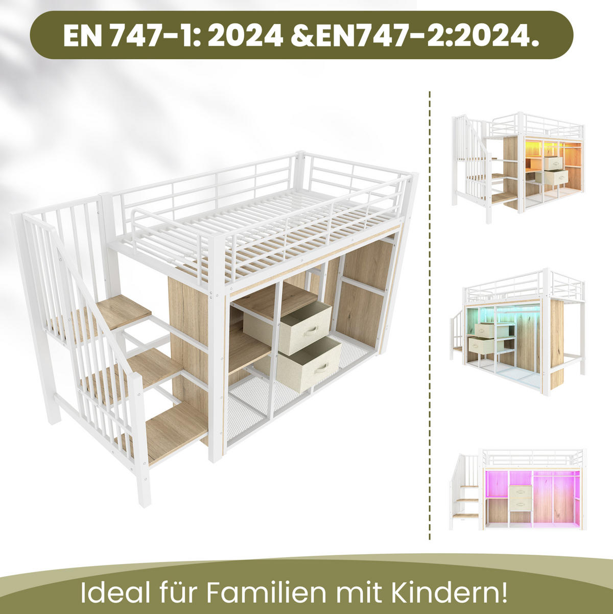 HOCHBETT Kinderbett 90/200 cm aus Metall und MDF mit LED-Beleuchtung und Stauraum Weiß - Weiß, Metall (90/200cm) - Modenvie