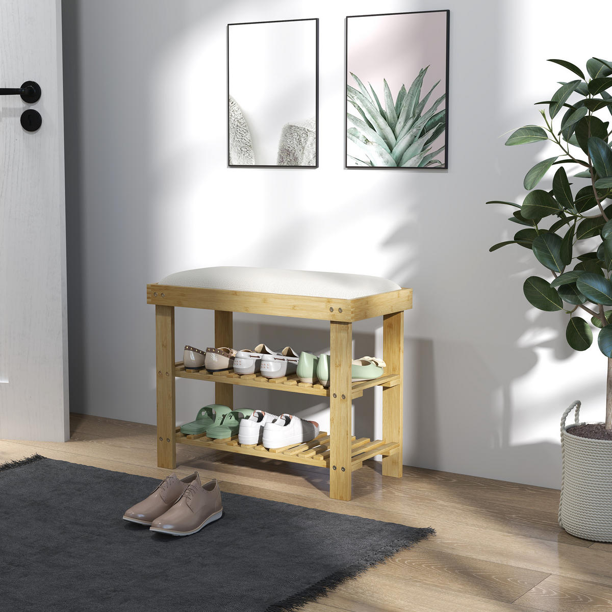 SCHUHBANK DE-16816 Bambus, 2 Lattenroste, 6 Paar Creme & Naturholz - Creme, Naturmaterialien (60/49/29cm) - ComfortXL