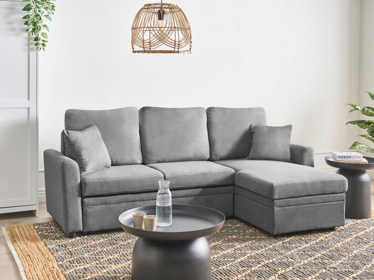 ROZKLÁDACÍ ROHOVÁ POHOVKA 3-místná Umělý len Šedá levostranná Nassjo - šedá, textil (210/131cm) - Beliani