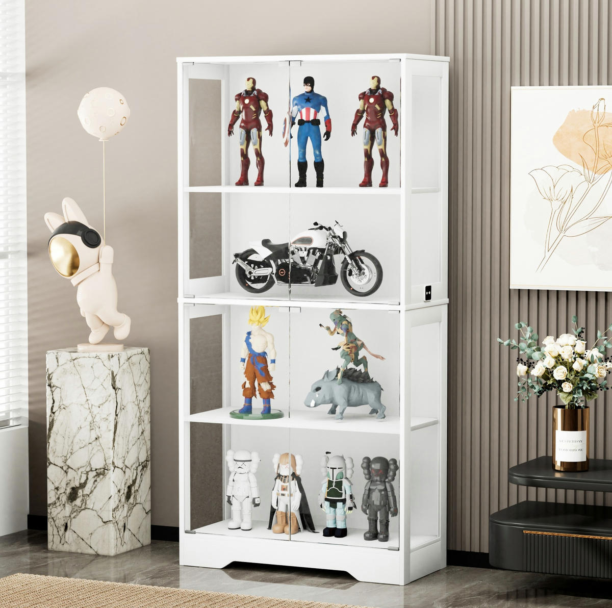 GLASVITRINE aus MDF und Glas 80x35x165 cm Weiß mit LED-Beleuchtung, Sensortechnik und Stauraum - Weiß, Holzwerkstoff (80/165/35cm) - Modfu