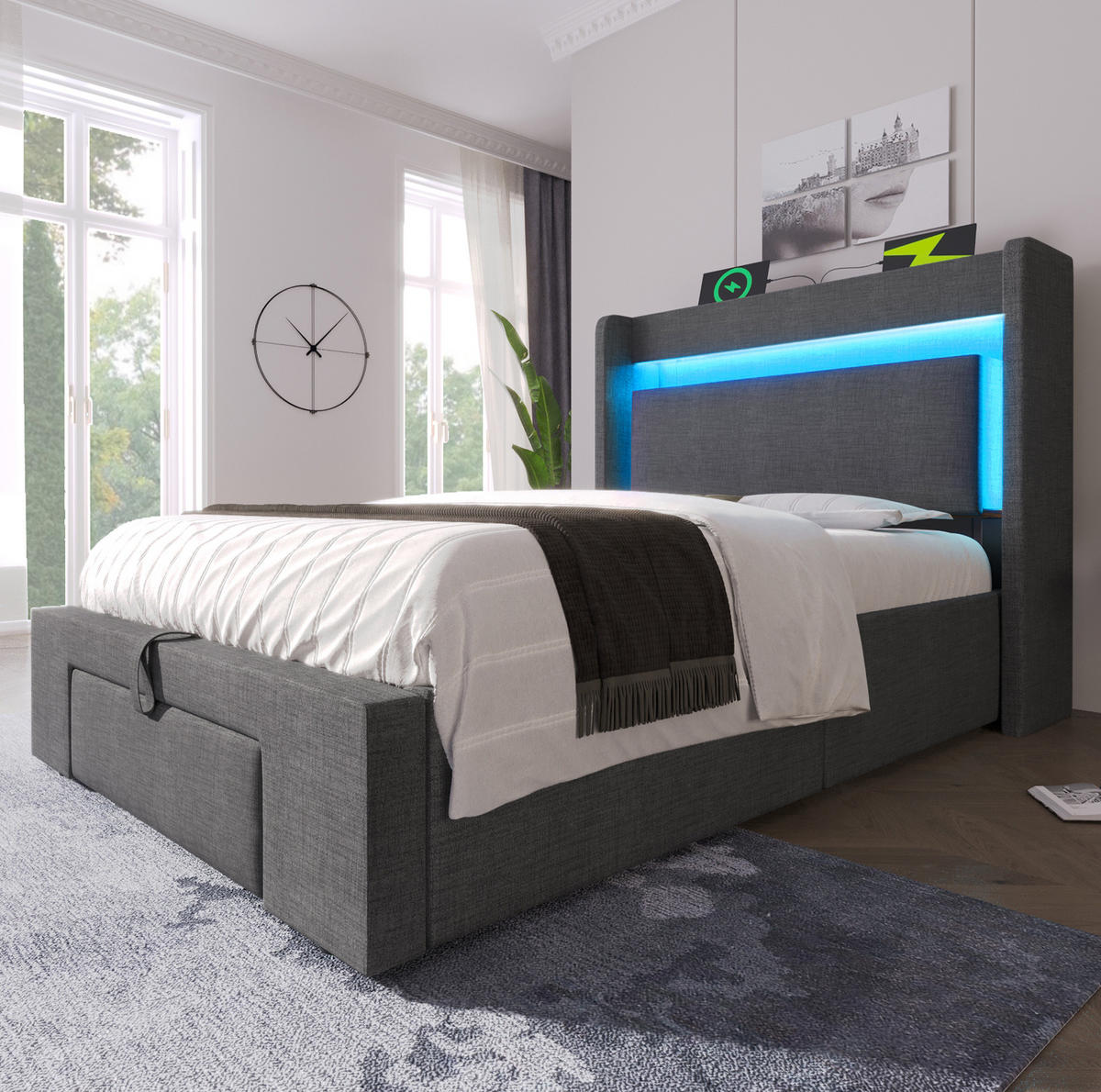 POLSTERBETT 90/200 cm Grau mit Stauraum, LED-Beleuchtung und USB- und Type-C-Anschlüssen - Grau, Textil (90/200cm) - Flora Grace