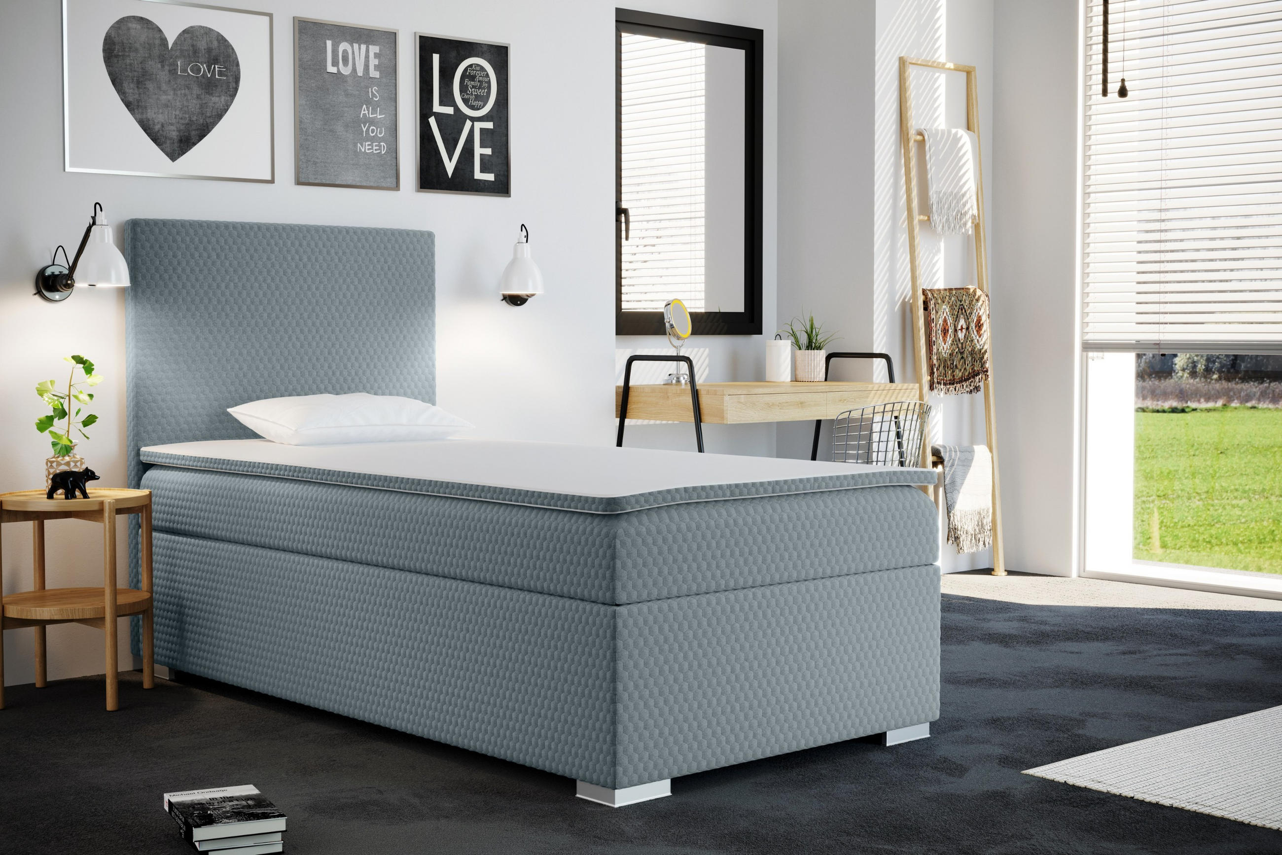 BOXBETT Mit Bettkasten Matratze Topper ICON Blau 100x200 cm Links - Blau, Holz (100/200cm) - Kaiser Möbel