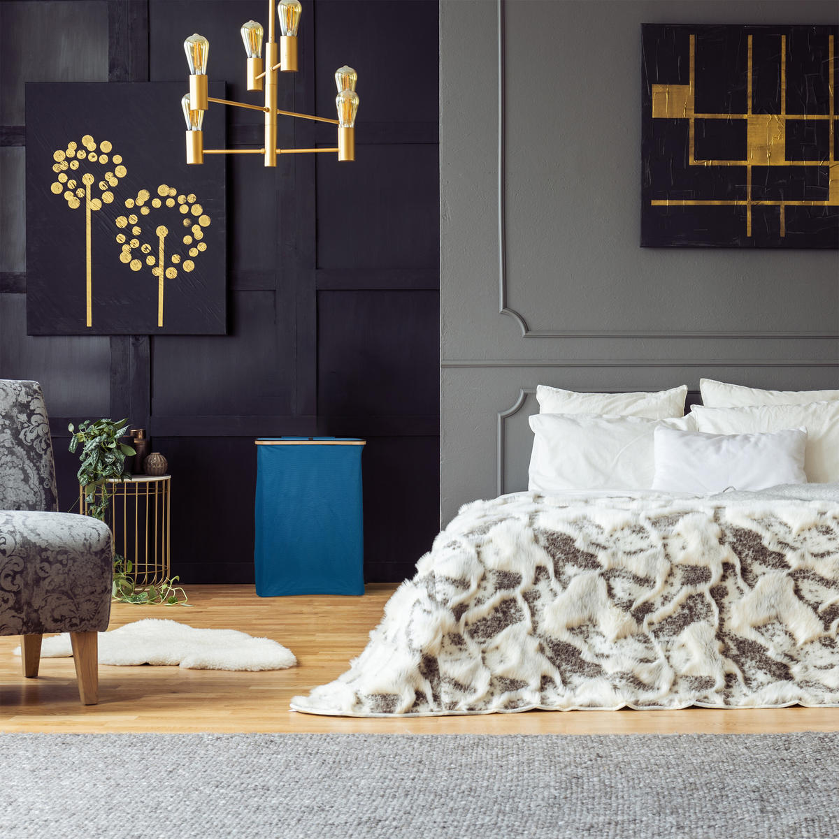 WÄSCHEKORB - Dunkelblau, Holz/Textil (54/75/34cm) - Relaxdays