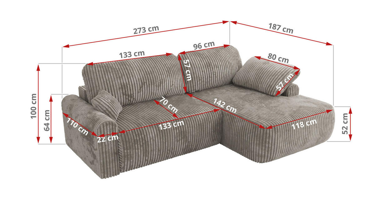 ECKSCHLAFSOFA CUBO L Hellbraun Cord - rechts - Hellbraun/Schwarz, Kunststoff/Textil (187/273cm) - MKS