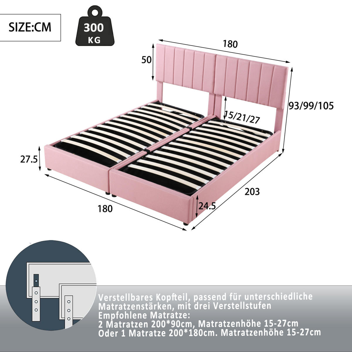 POLSTERBETT mit hydraulischem Stauraum 180x200 cm Rosa - Pink, Metall (180/200cm) - Meubliv