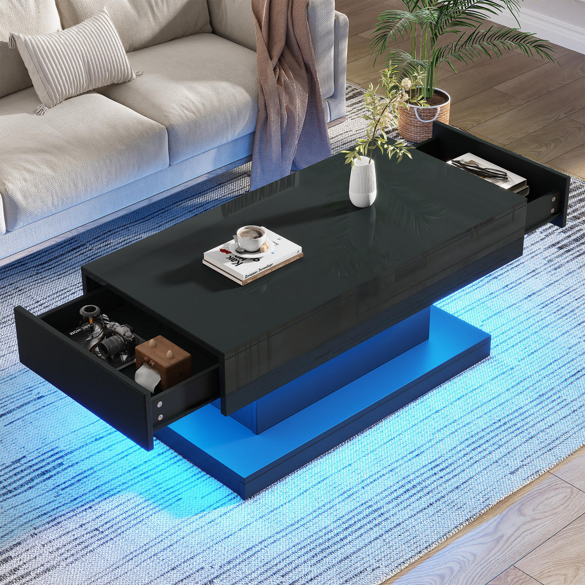 HOCHGLANZ-COUCHTISCH, 2 Schubladen, I‑Form mit LED-App‑Steuerung, 100/50/45 cm, schwarz - Schwarz, Holzwerkstoff (100/50/45cm) - Redom