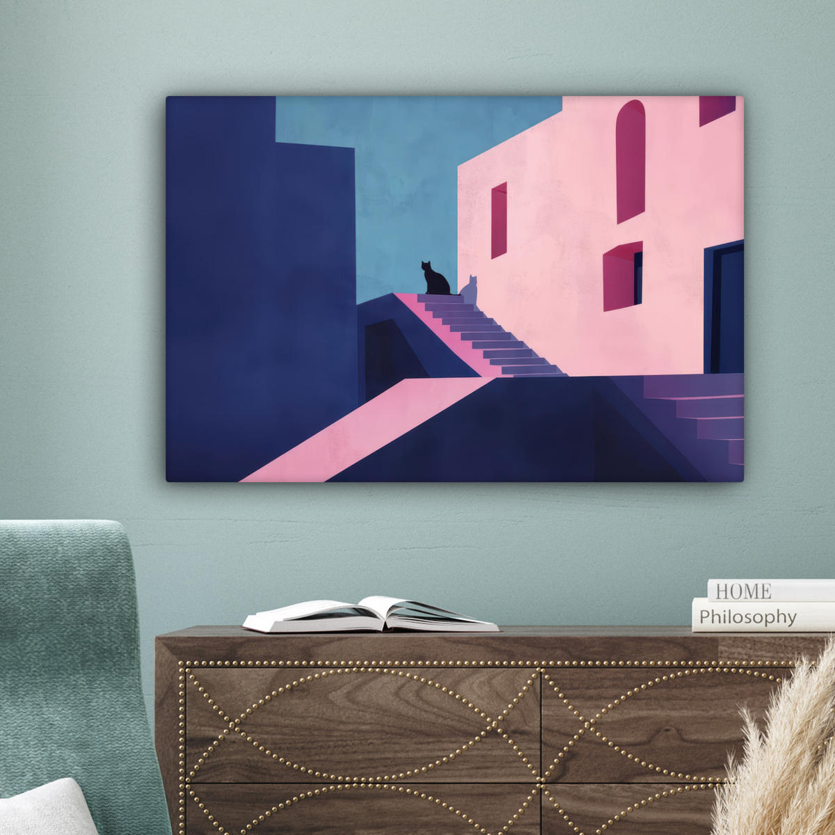 LEINWANDBILD Katze - Treppe - Gebäude - Schattenkontraste Wanddeko 90x60 cm - Dunkelblau, Textil (90/60cm) - MuchoWow