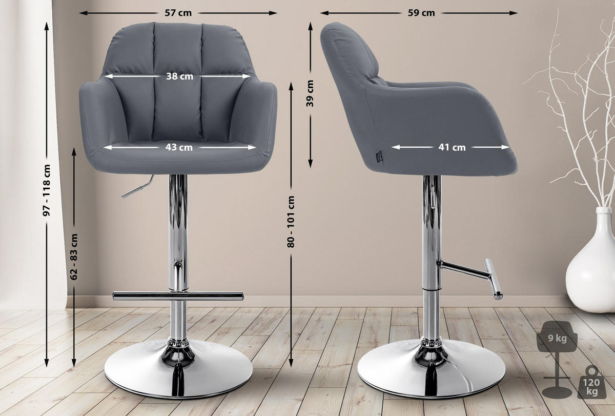BARHOCKER Lederlook grau - Chromfarben/Grau, Textil (57/97/59cm) - CLP