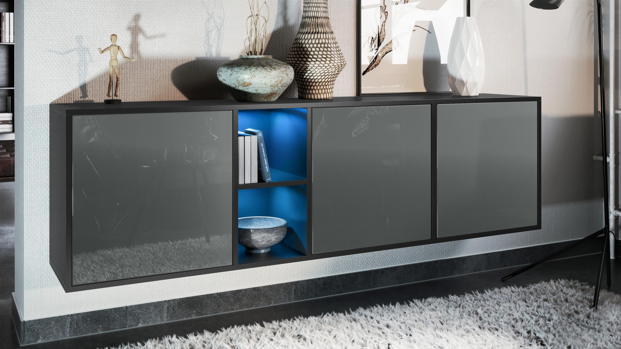 SIDEBOARD Cuba Türen in Grau Hochglanz - Grau, Holzwerkstoff (182/53/35cm) - Vladon