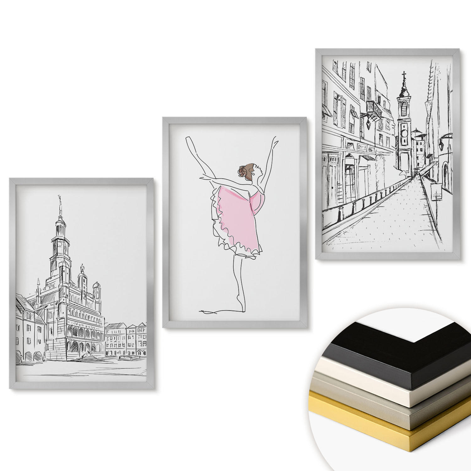 WANDBILDER 3er Set - 40x60 cm Silberner Rahmen - Stilvolle Ballerinen und Architektur - Silberfarben, Kunststoff (40/60cm) - ArtPrintCave