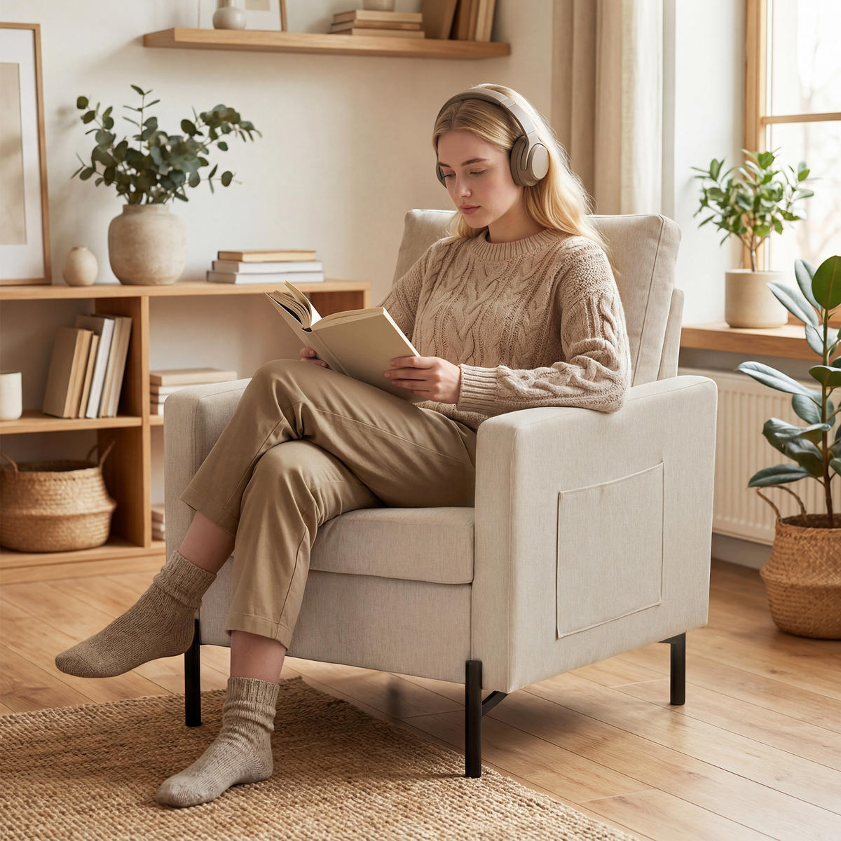 SESSEL DE-13514 mit Armlehnen, breite Sitzfläche Beige - Beige, Metall (73/87/77cm) - ComfortXL